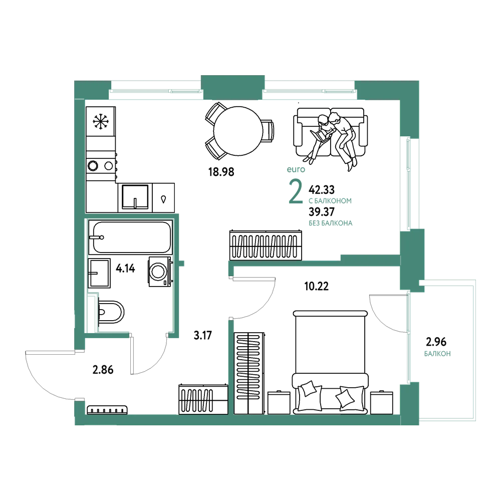Планировка: Евродвушка 42,05 м²