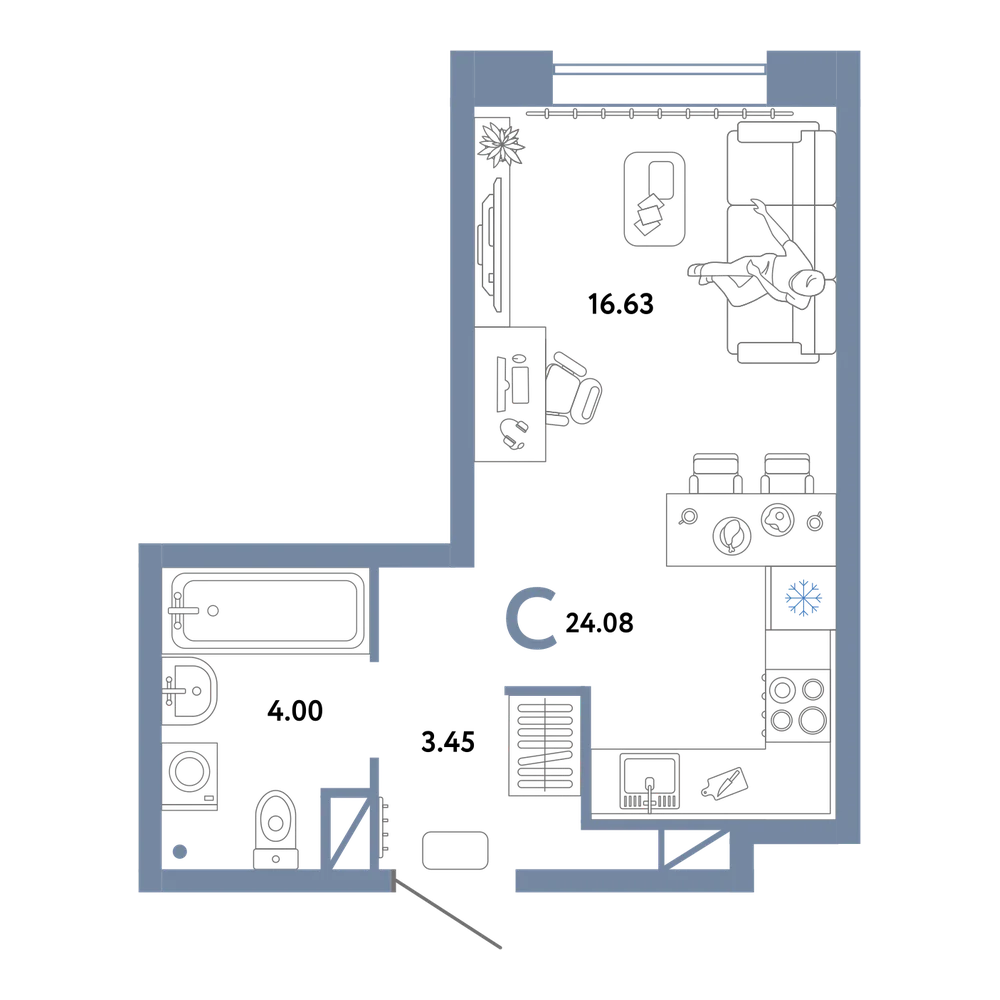 Планировка: Студия 24,08 м²