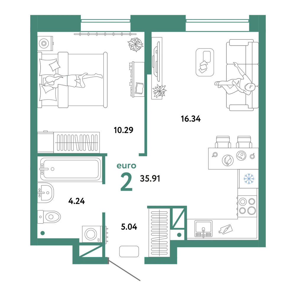Планировка: Евродвушка 35,91 м²
