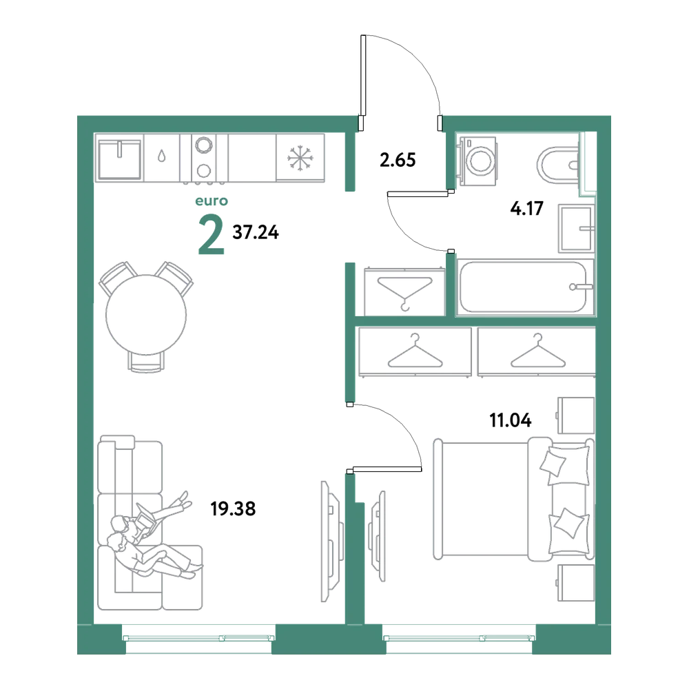 Планировка: Евродвушка 37,24 м²