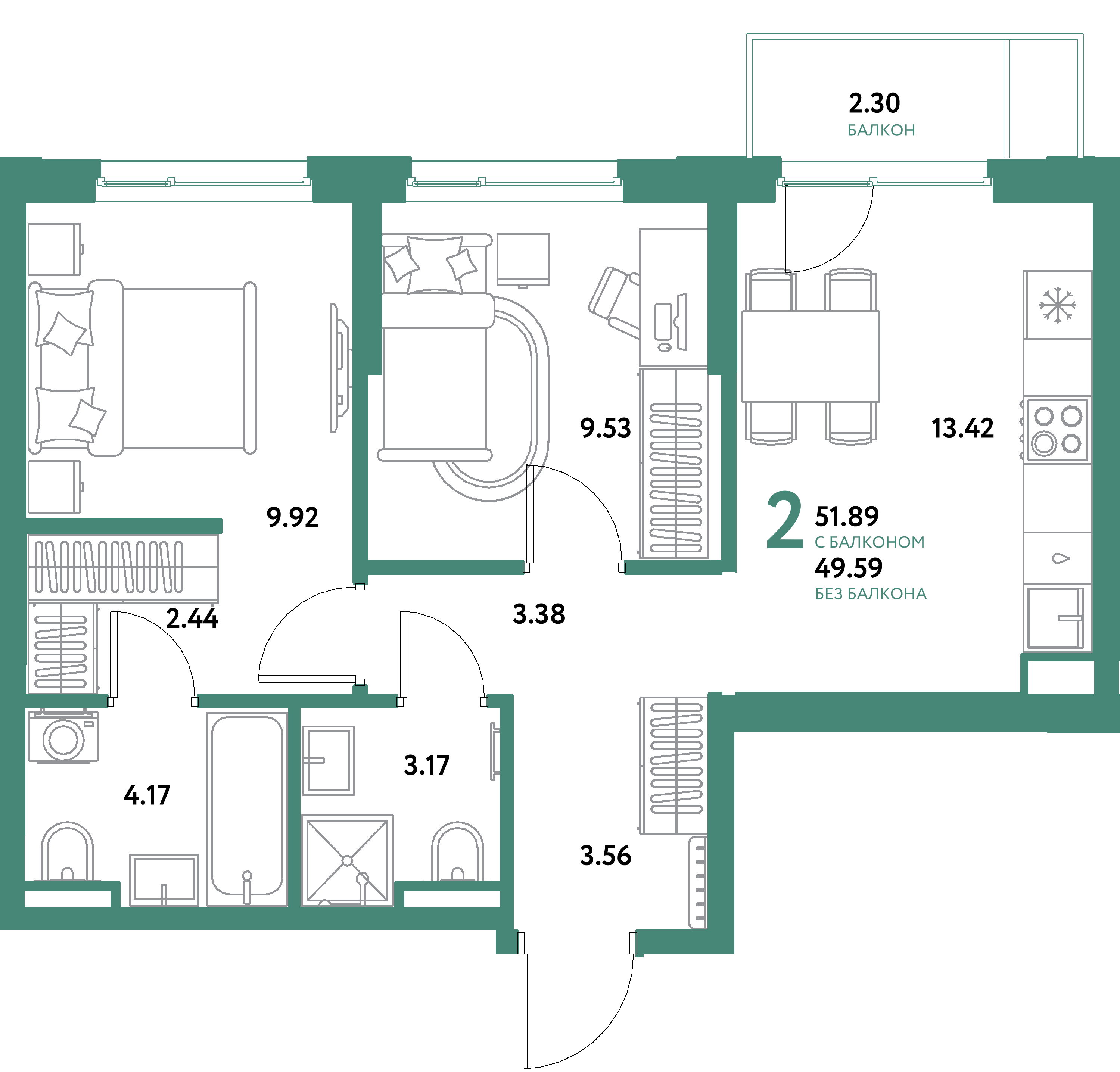 Планировка: 2-комнатная 51,89 м² в ЖК «Остров-сад»