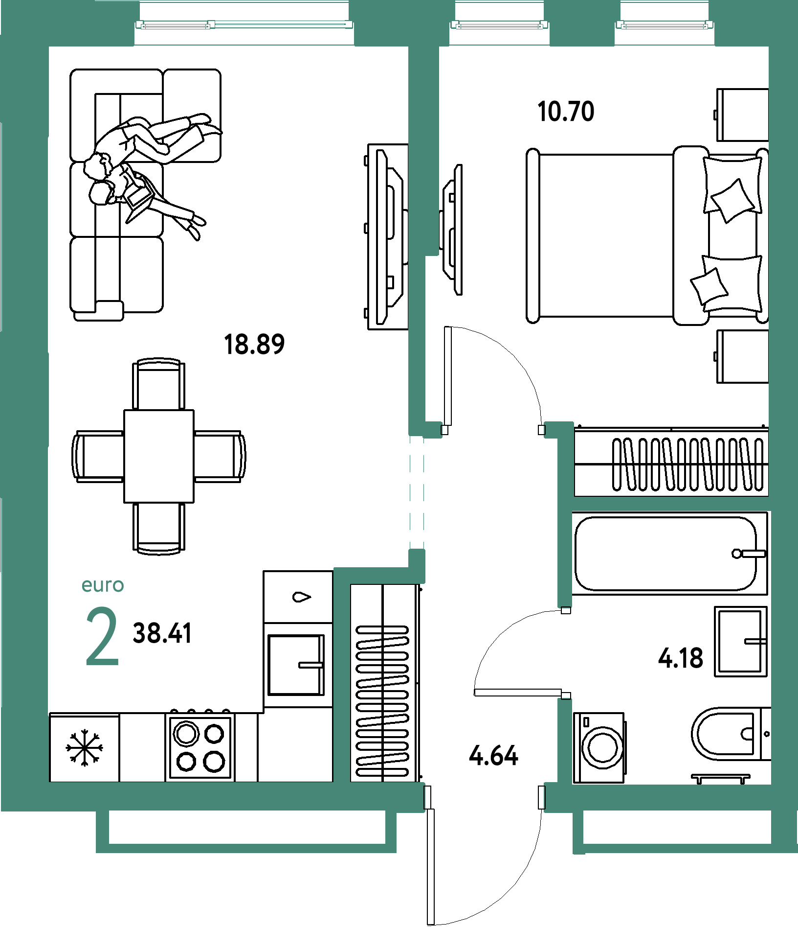 Планировка: Евродвушка 38,41 м² в ЖК «Домашний»