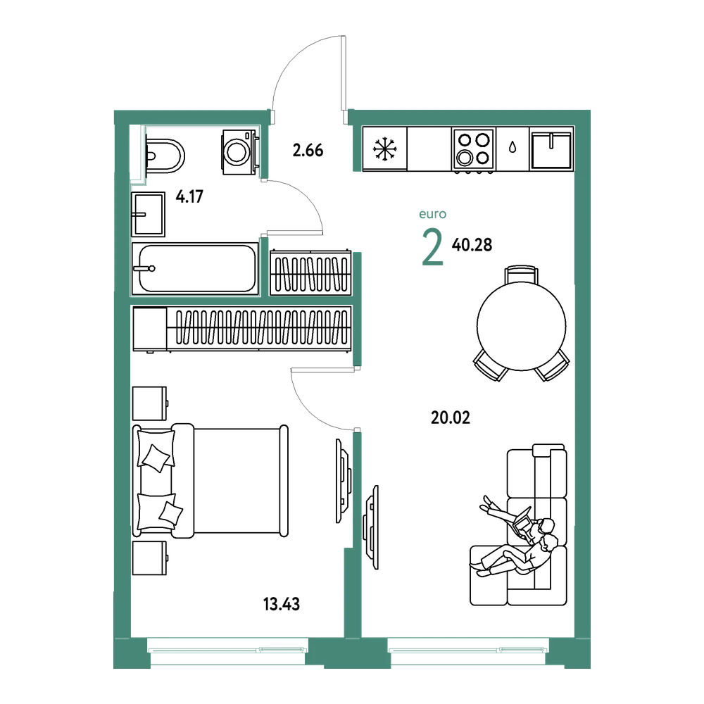 Планировка: Евродвушка 40,28 м²