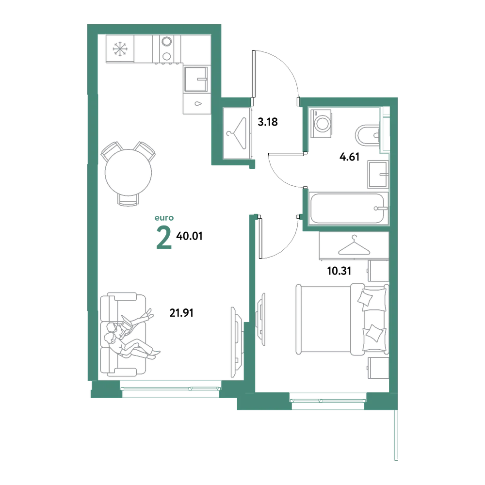 Планировка: Евродвушка 40,01 м²