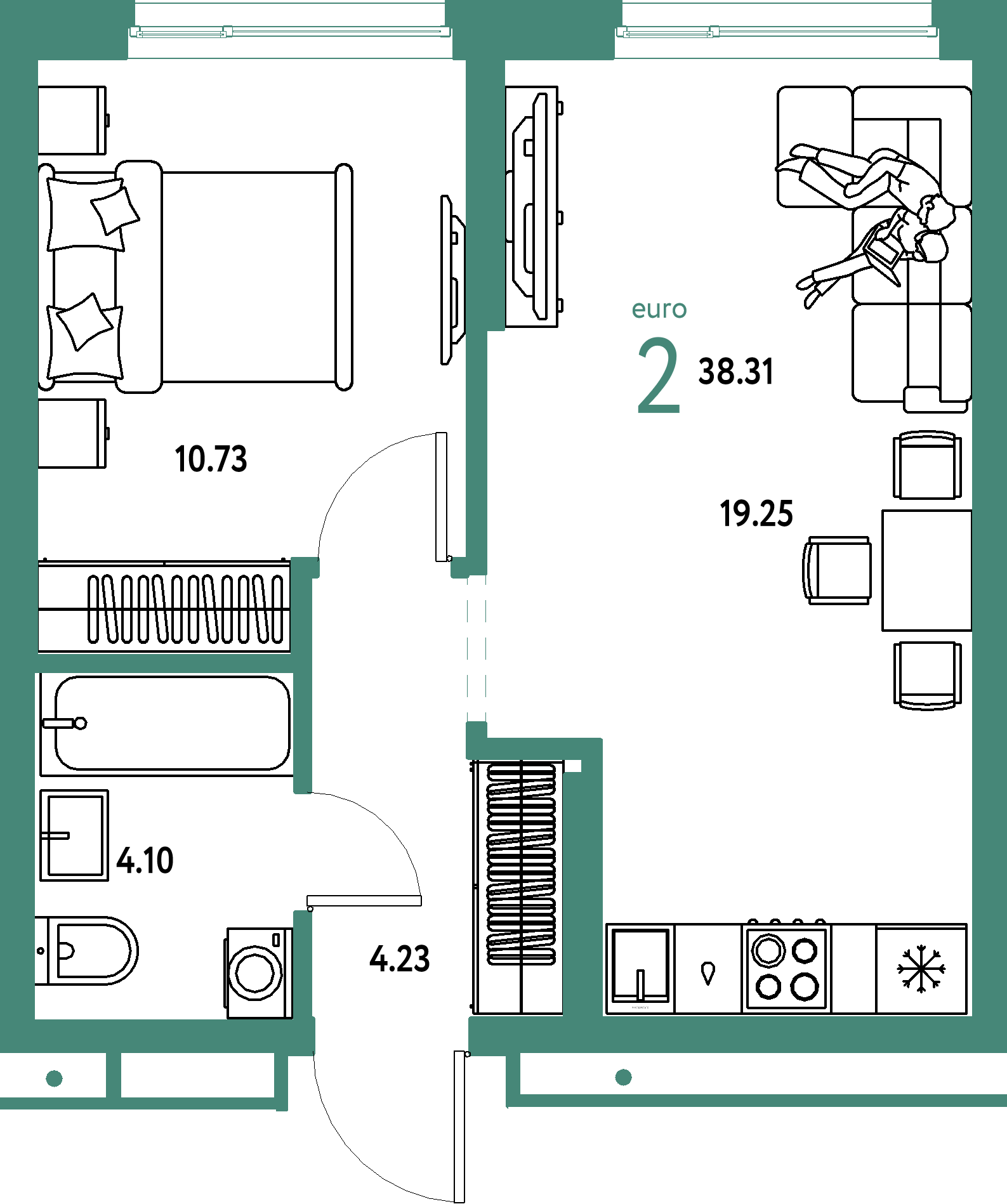 Планировка: Евродвушка 38,31 м² в ЖК «Домашний»