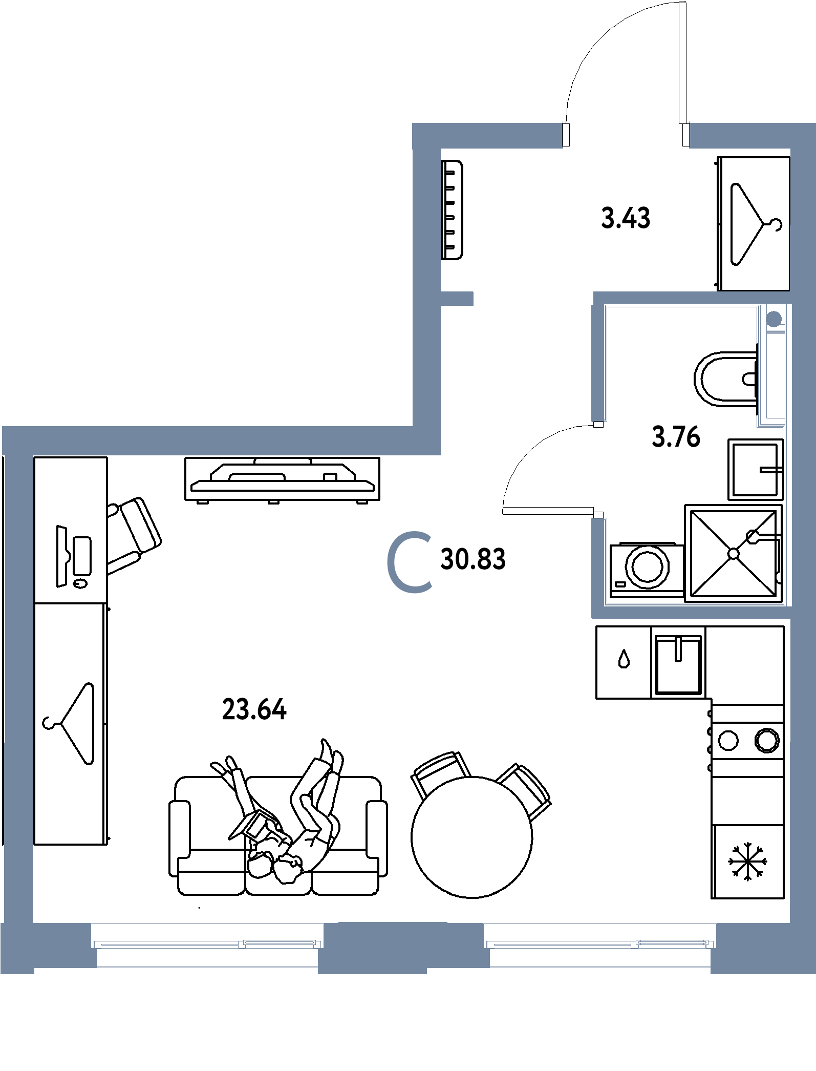 Планировка: Студия 30,83 м² в ЖК «Европейский берег 2.0»