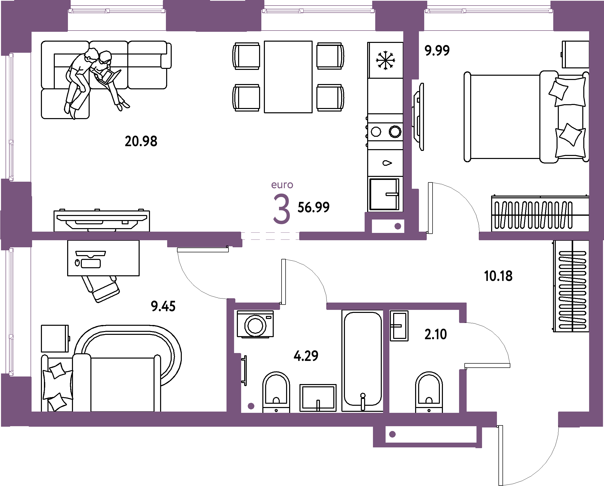Планировка: Евротрёшка 56,99 м² в ЖК «Домашний»