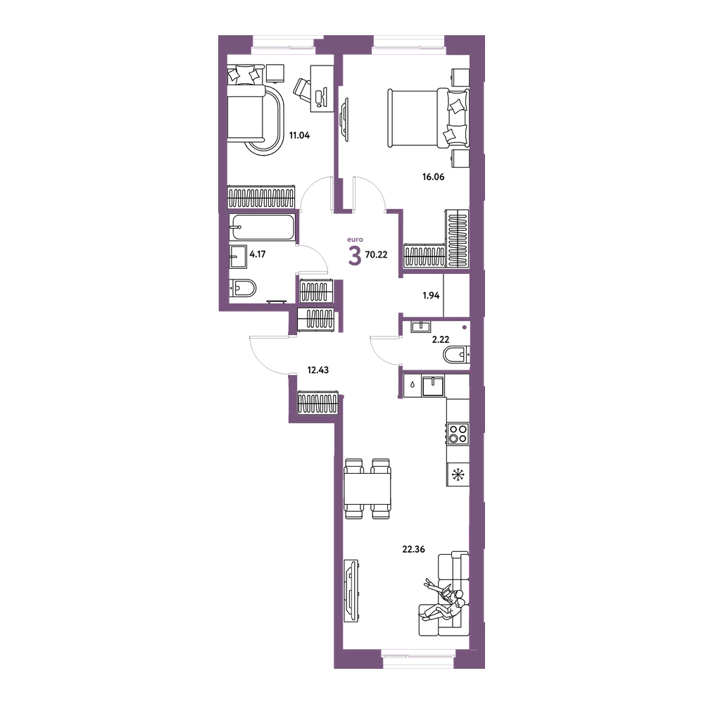 Планировка: Евротрёшка 70,22 м²