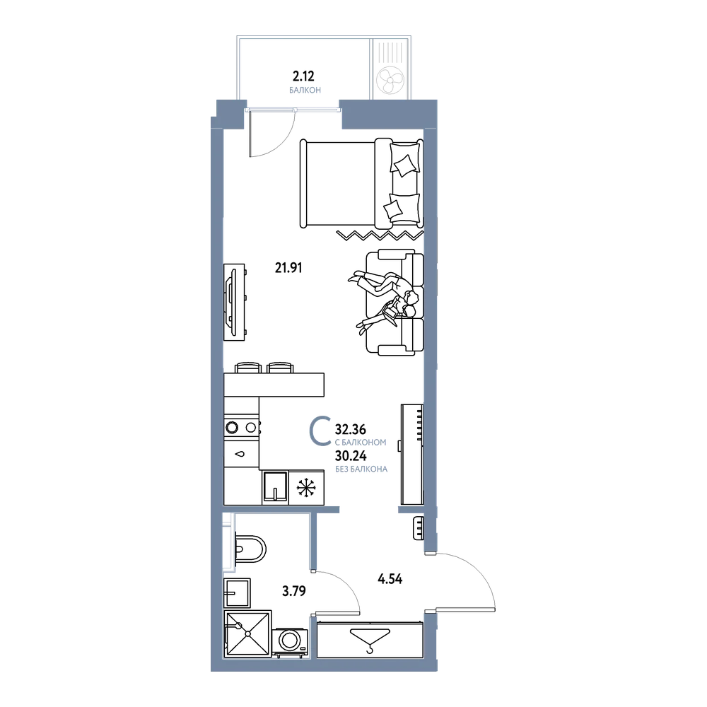Планировка: Студия 32,36 м²