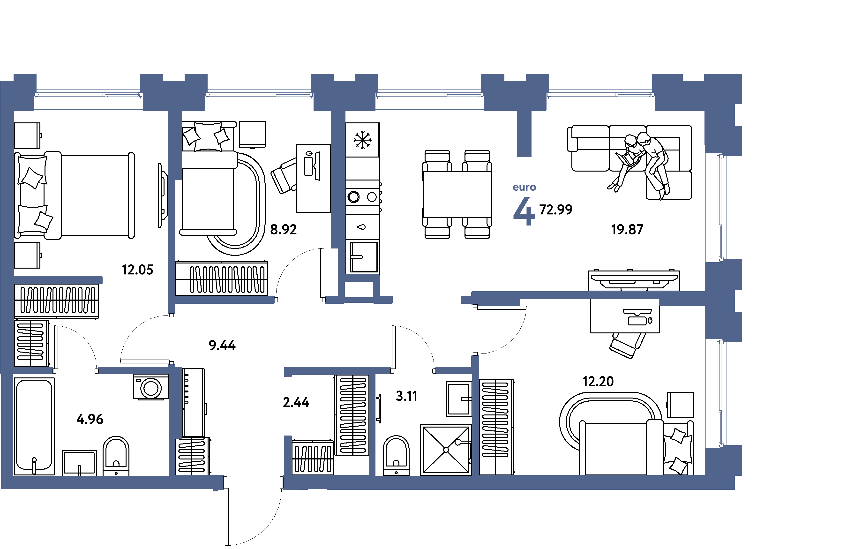 Планировка: Евро-4 72,99 м² в ЖК «Европейский берег 2.0»
