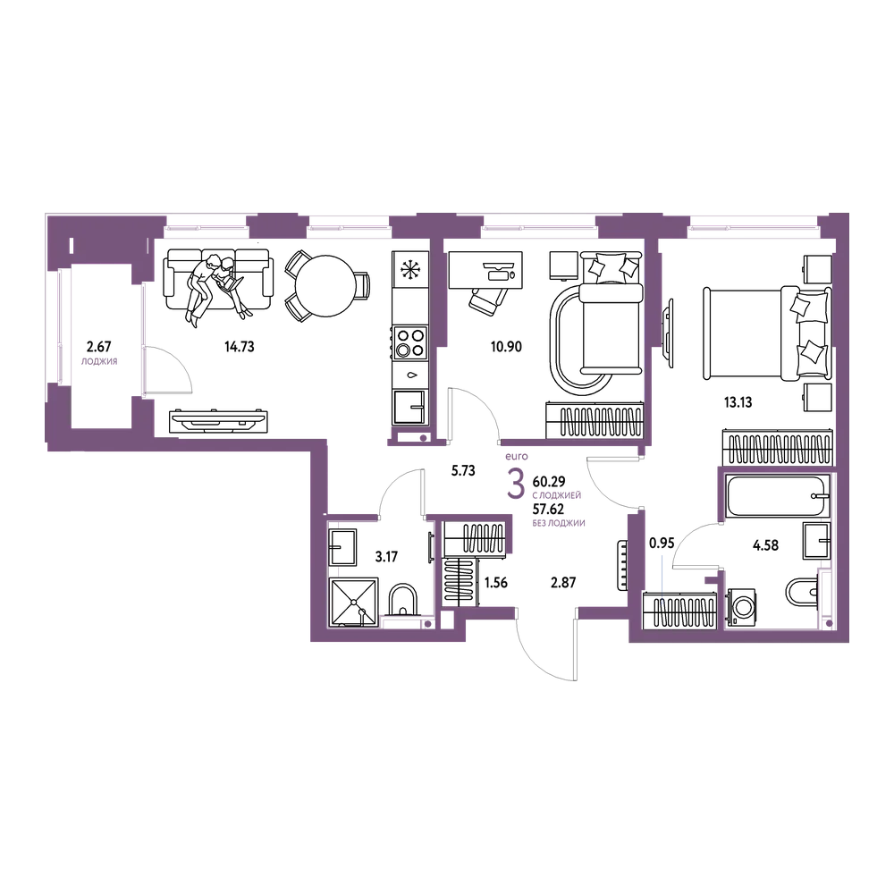 Планировка: Евротрёшка 60,29 м²