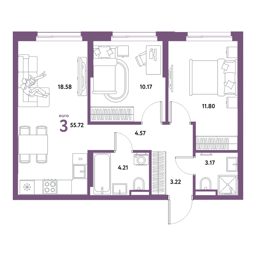 Планировка: Евротрёшка 55,72 м²
