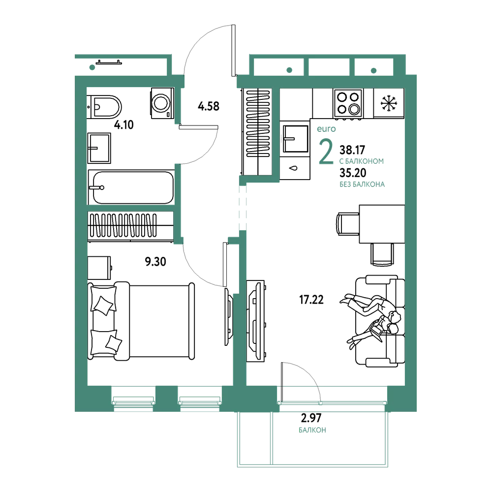 Планировка: Евродвушка 38,17 м²