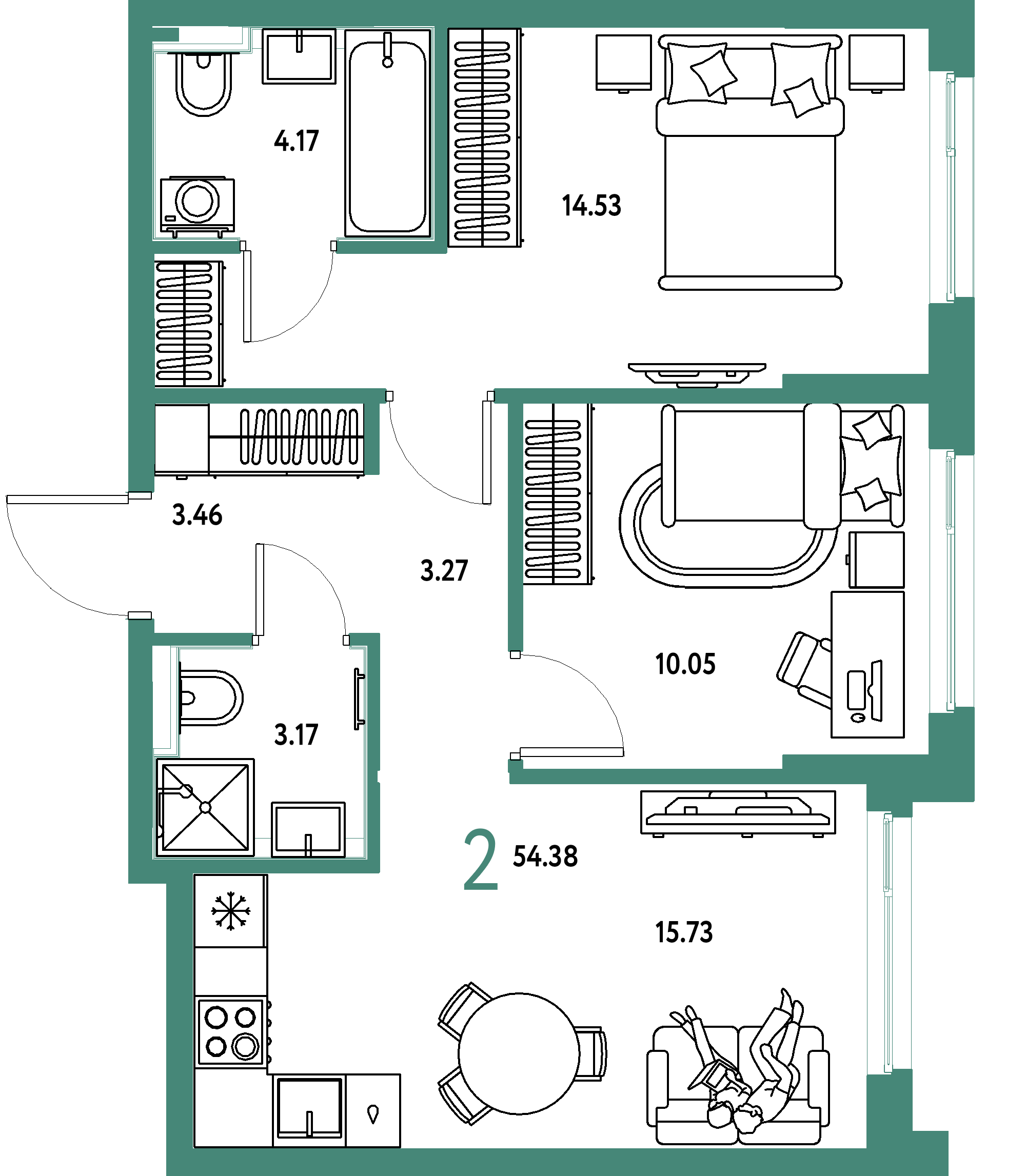 Планировка: 2-комнатная 54,38 м² в ЖК «Сердце Сибири»