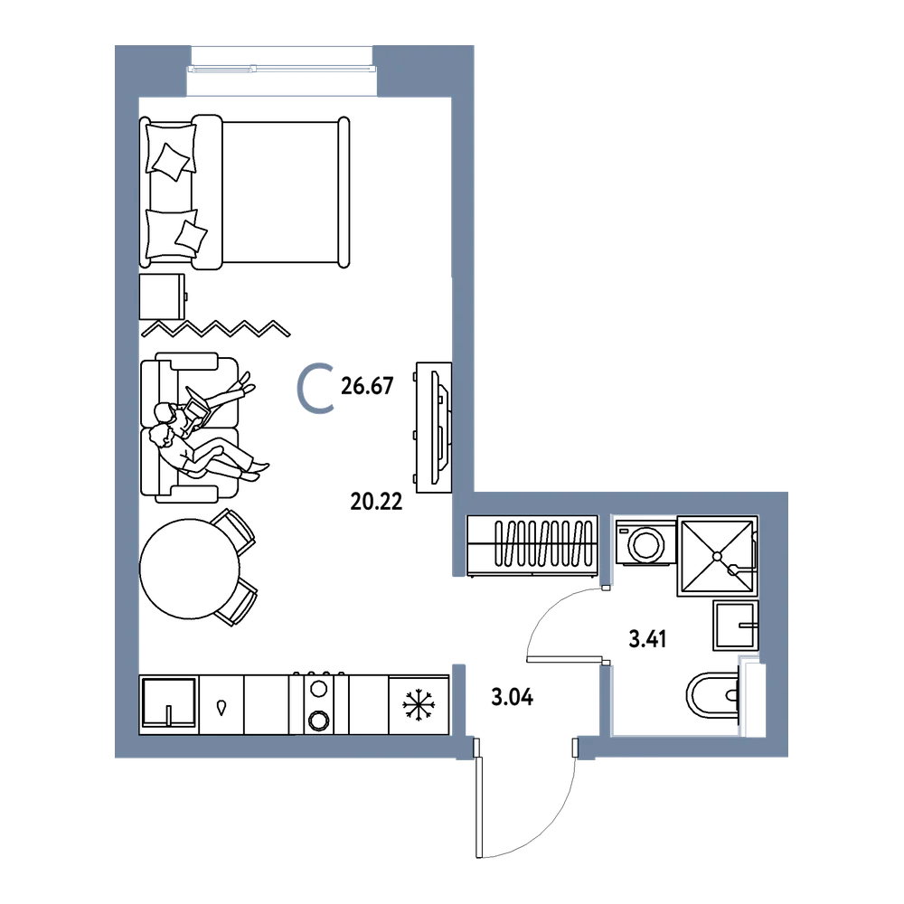 Планировка: Студия 26,67 м²