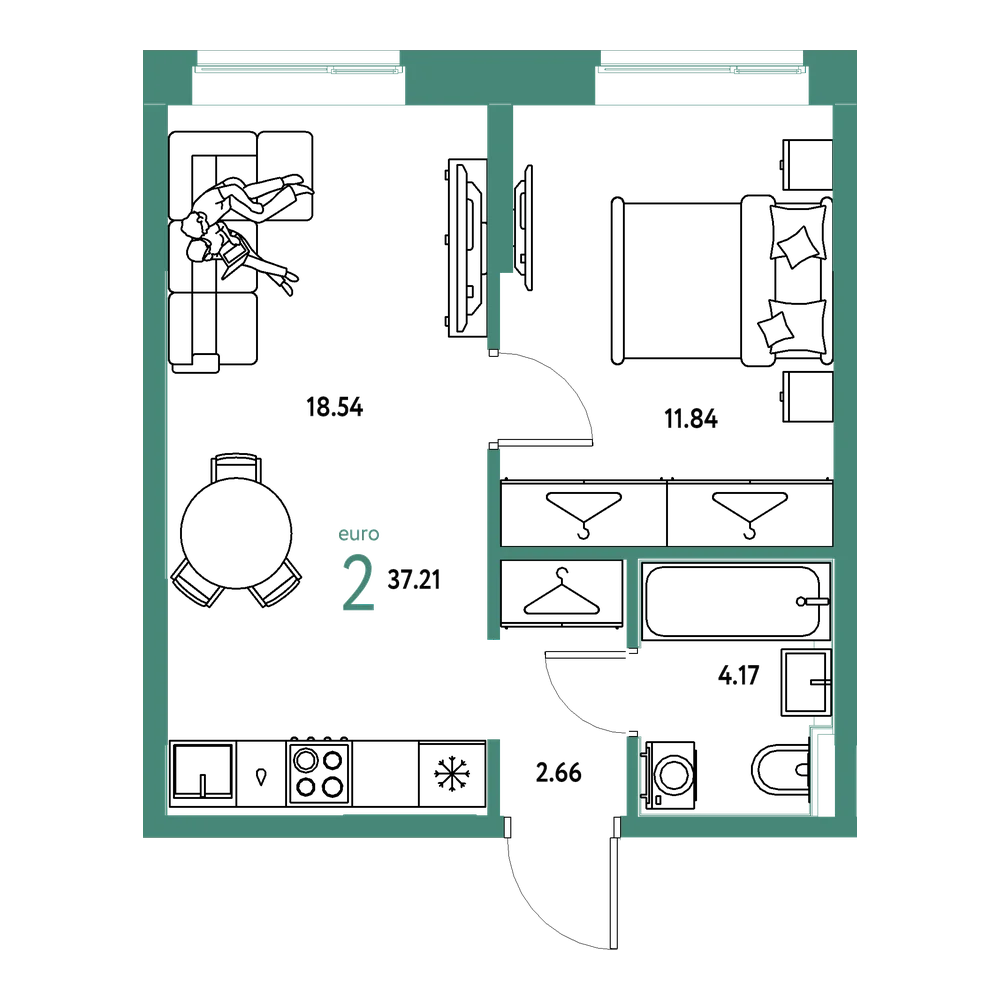 Планировка: Евродвушка 37,21 м²