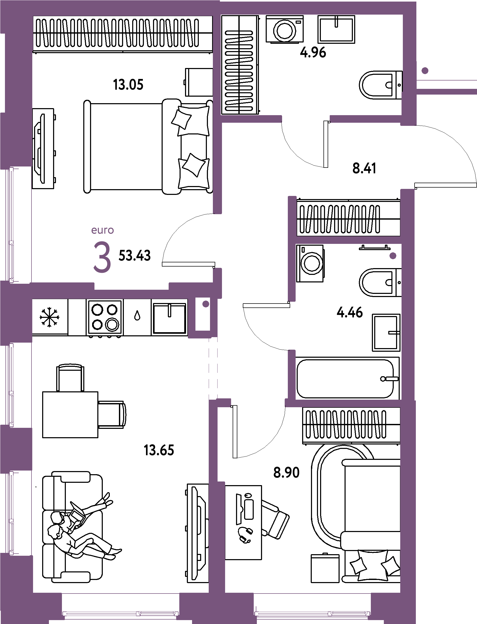 Планировка: Евротрёшка 53,43 м² в ЖК «Домашний»