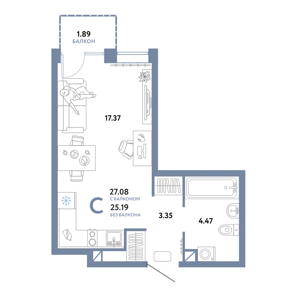 Планировка: Студия 27,08 м²