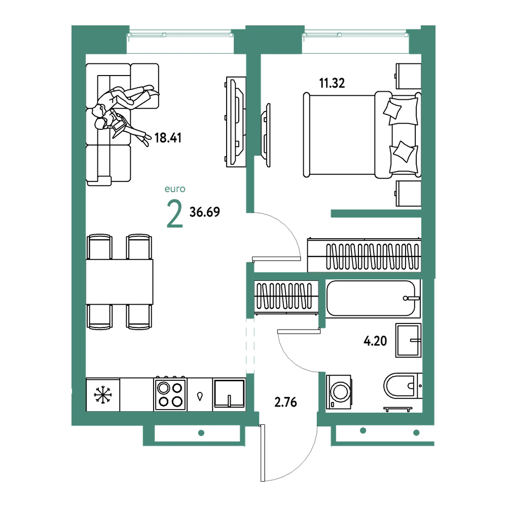 Планировка: Евродвушка 36,69 м²