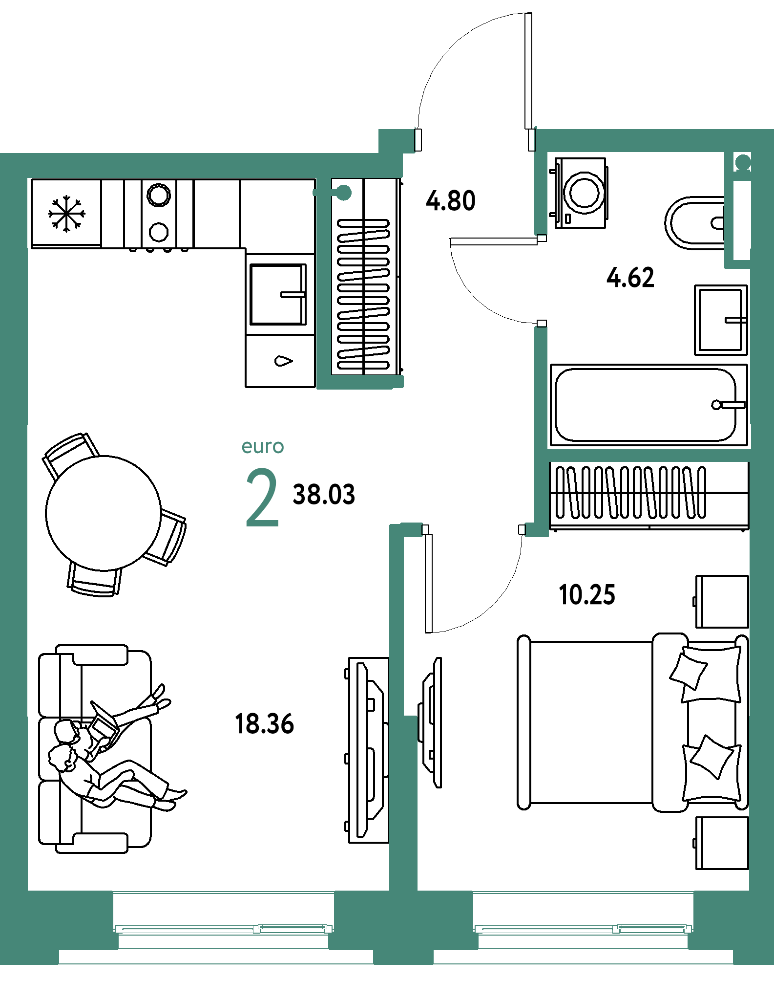 Планировка: Евродвушка 38,03 м² в ЖК «Остров-сад»