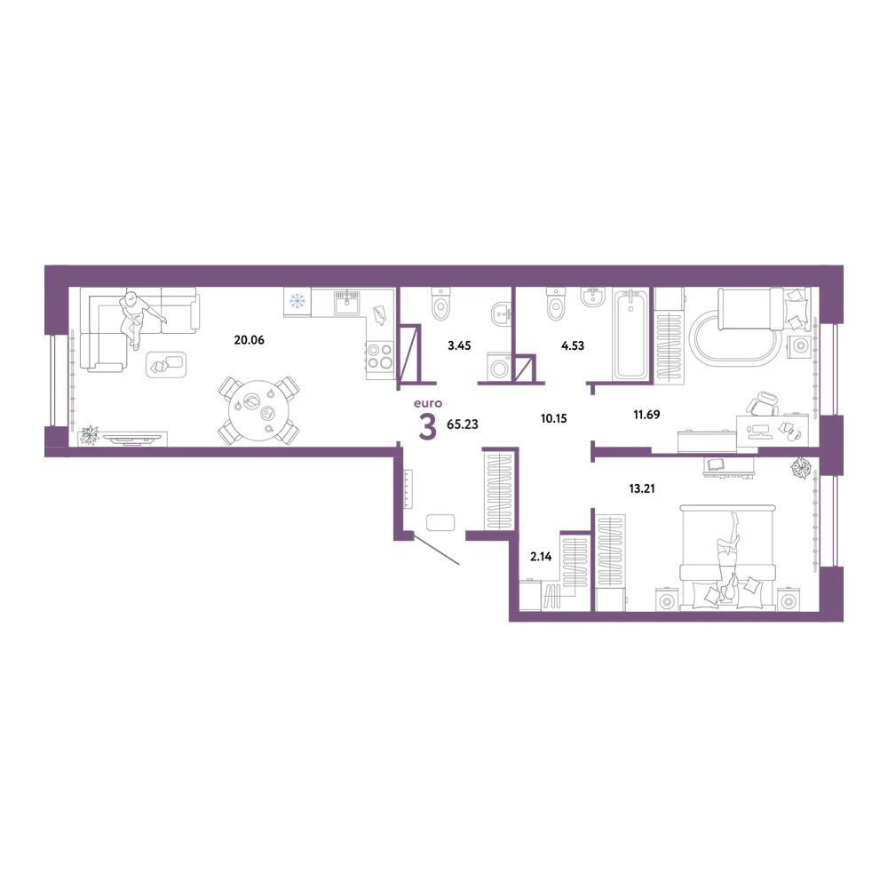 Планировка: Евротрёшка 65,23 м²