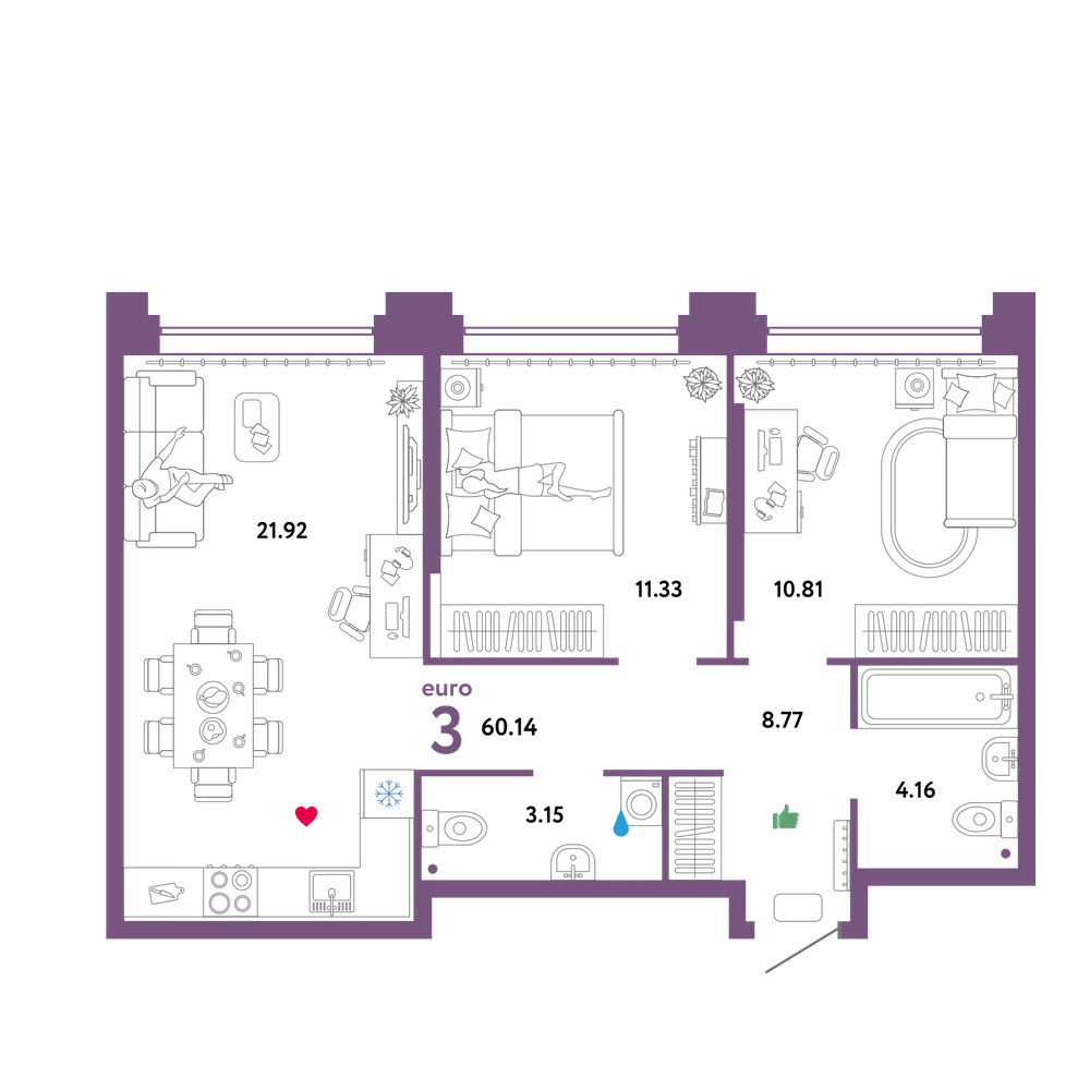 Планировка: Евротрёшка 60,14 м²