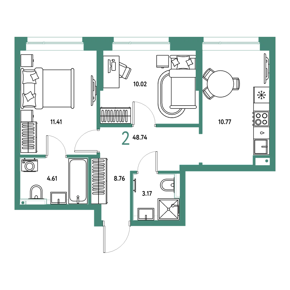Планировка: 2-комнатная 48,74 м²