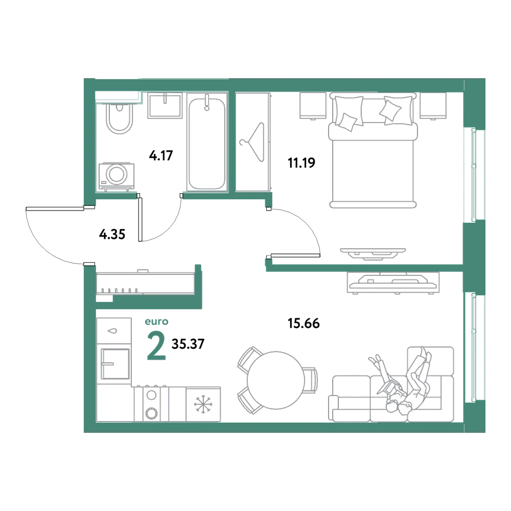 Планировка: Евродвушка 35,37 м²