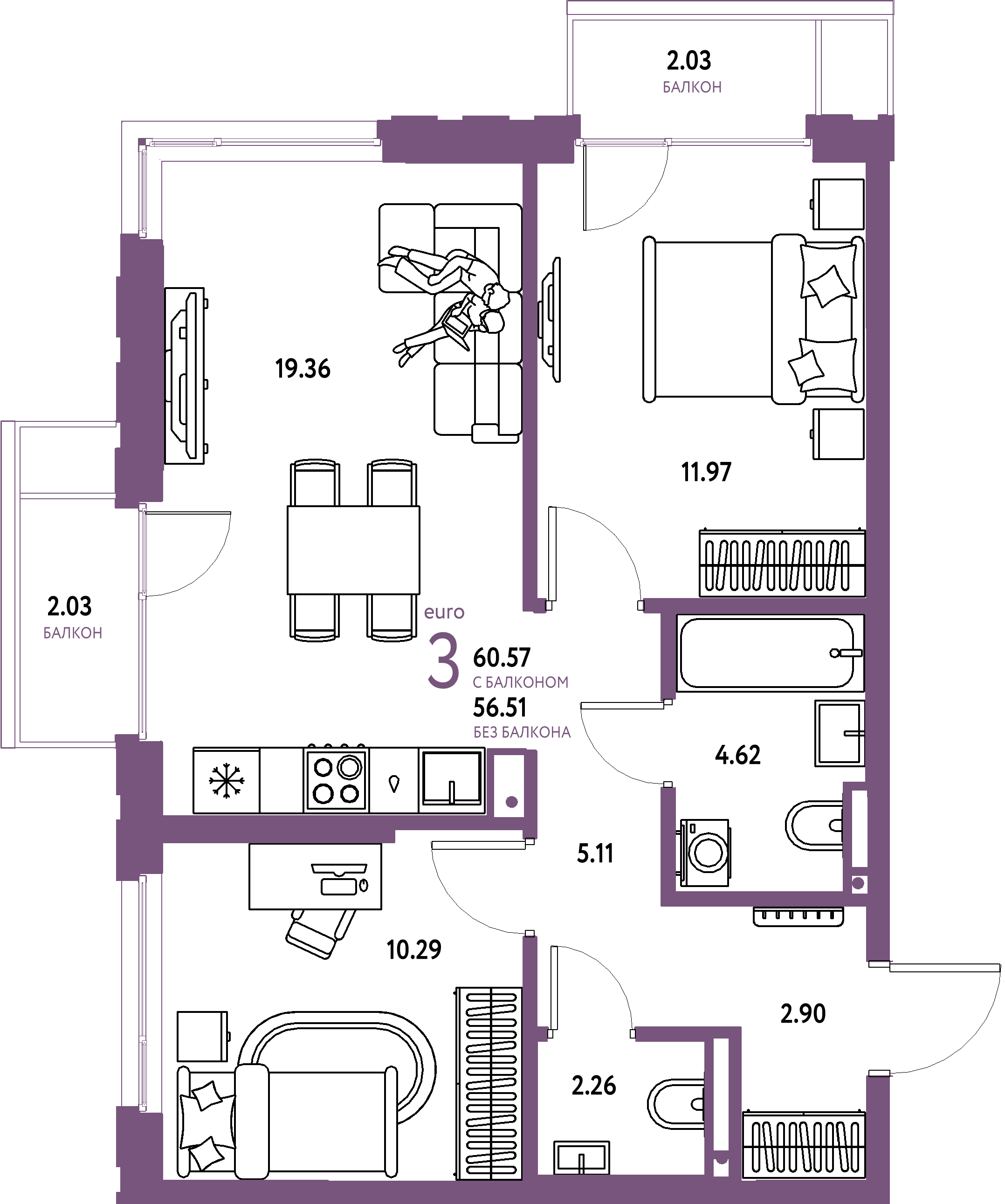 Планировка: Евротрёшка 60,57 м² в ЖК «Страна.Прибрежная»