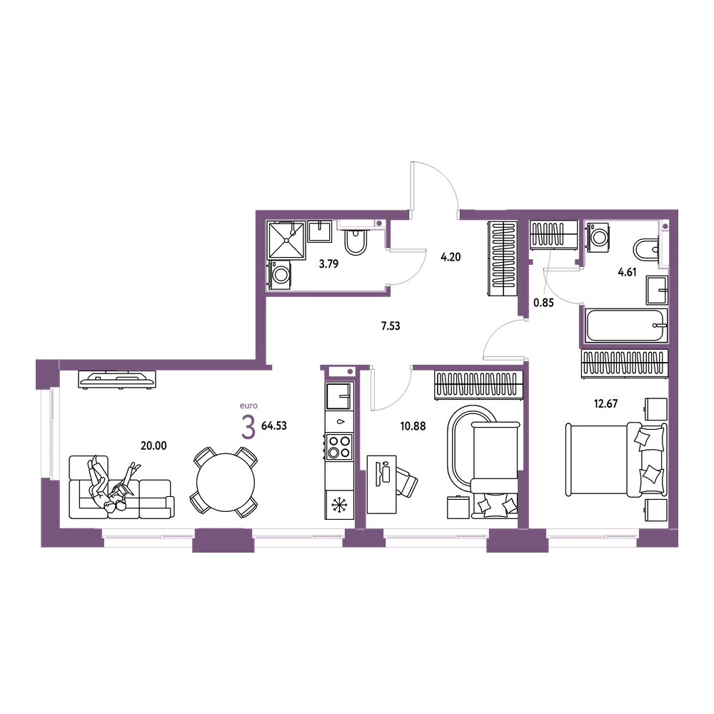 Планировка: Евротрёшка 64,64 м²
