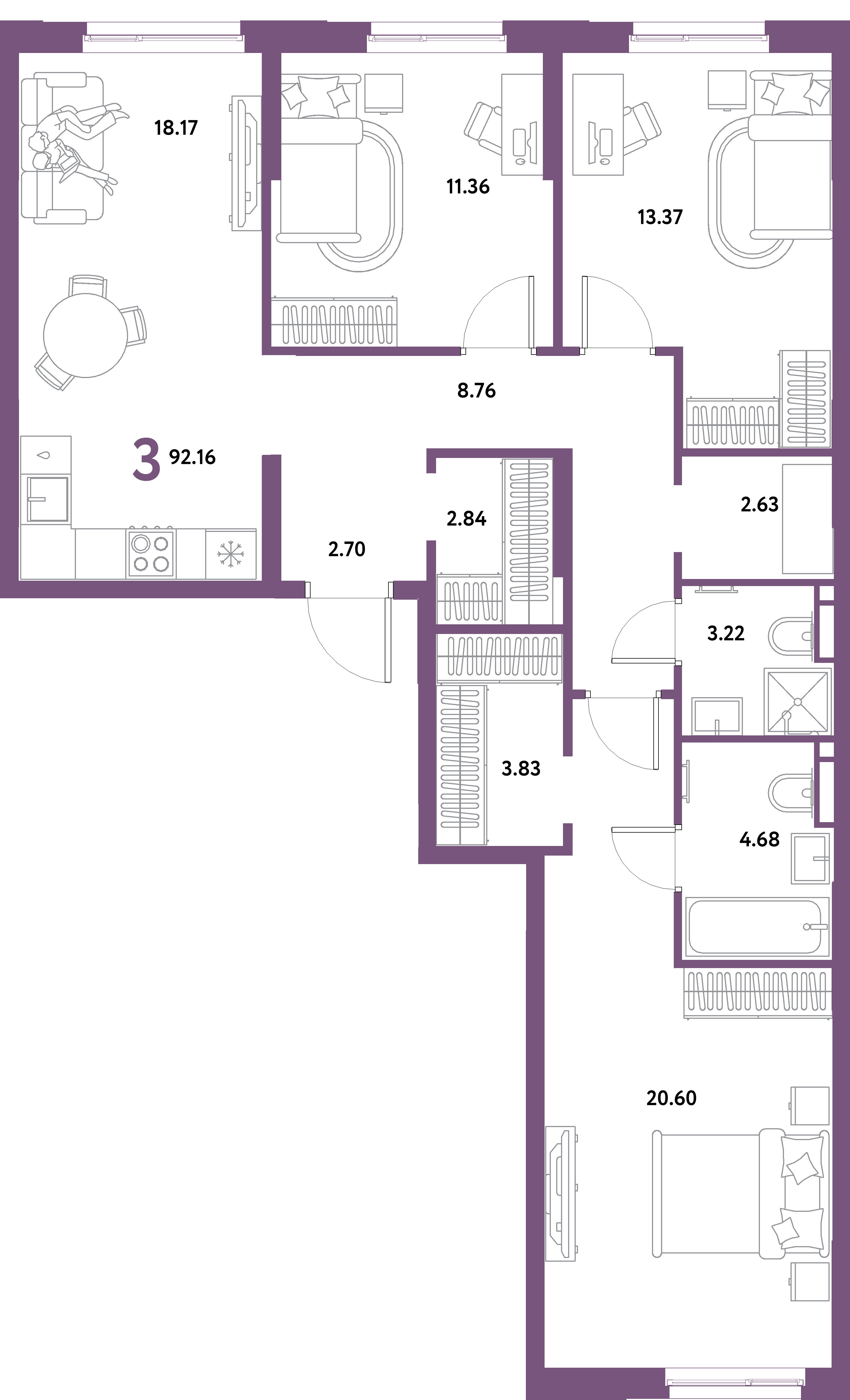 Планировка: 3-комнатная 92,16 м² в ЖК «Остров-сад»