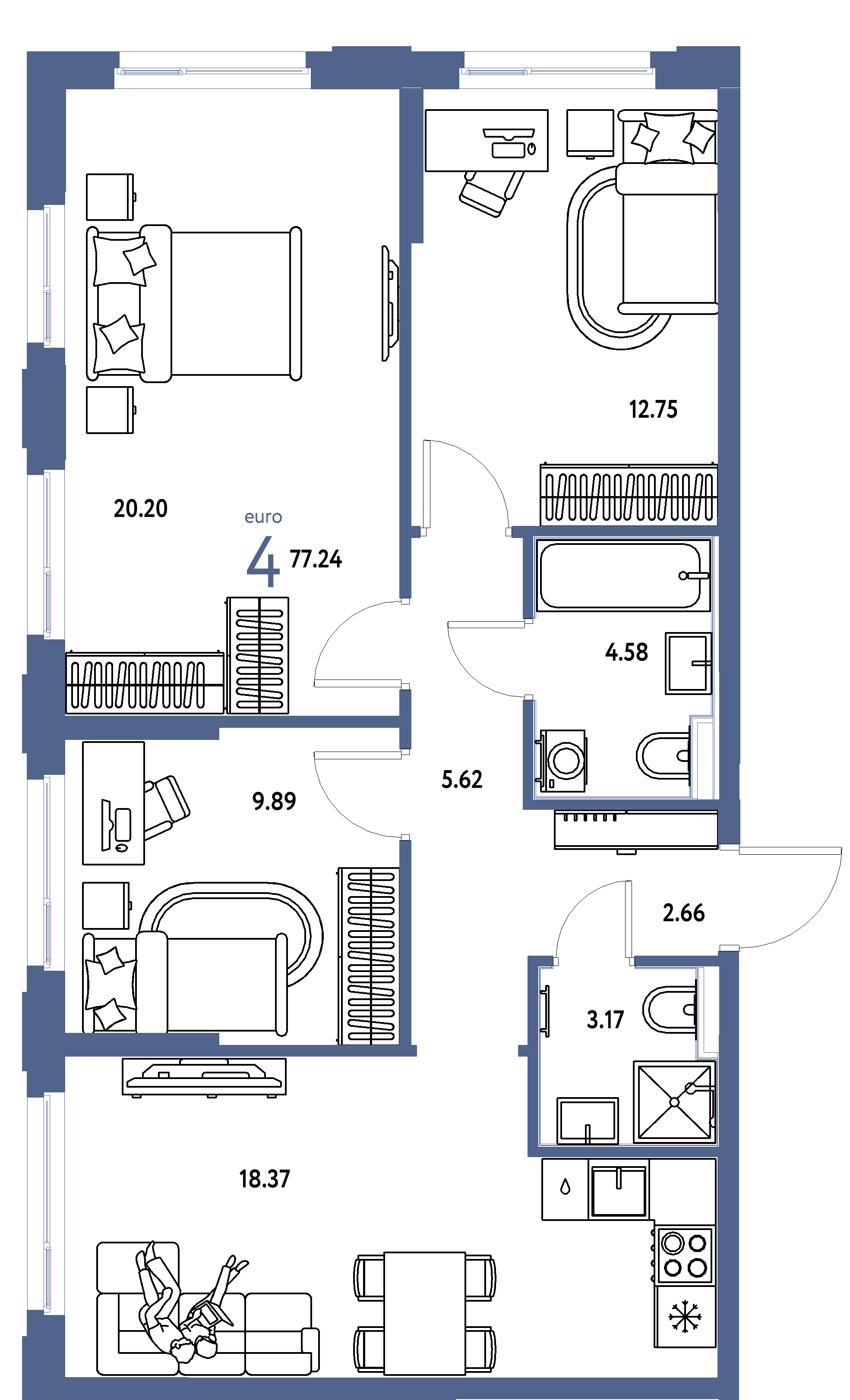Планировка: Евро-4 77,24 м² в ЖК «Сердце Сибири»