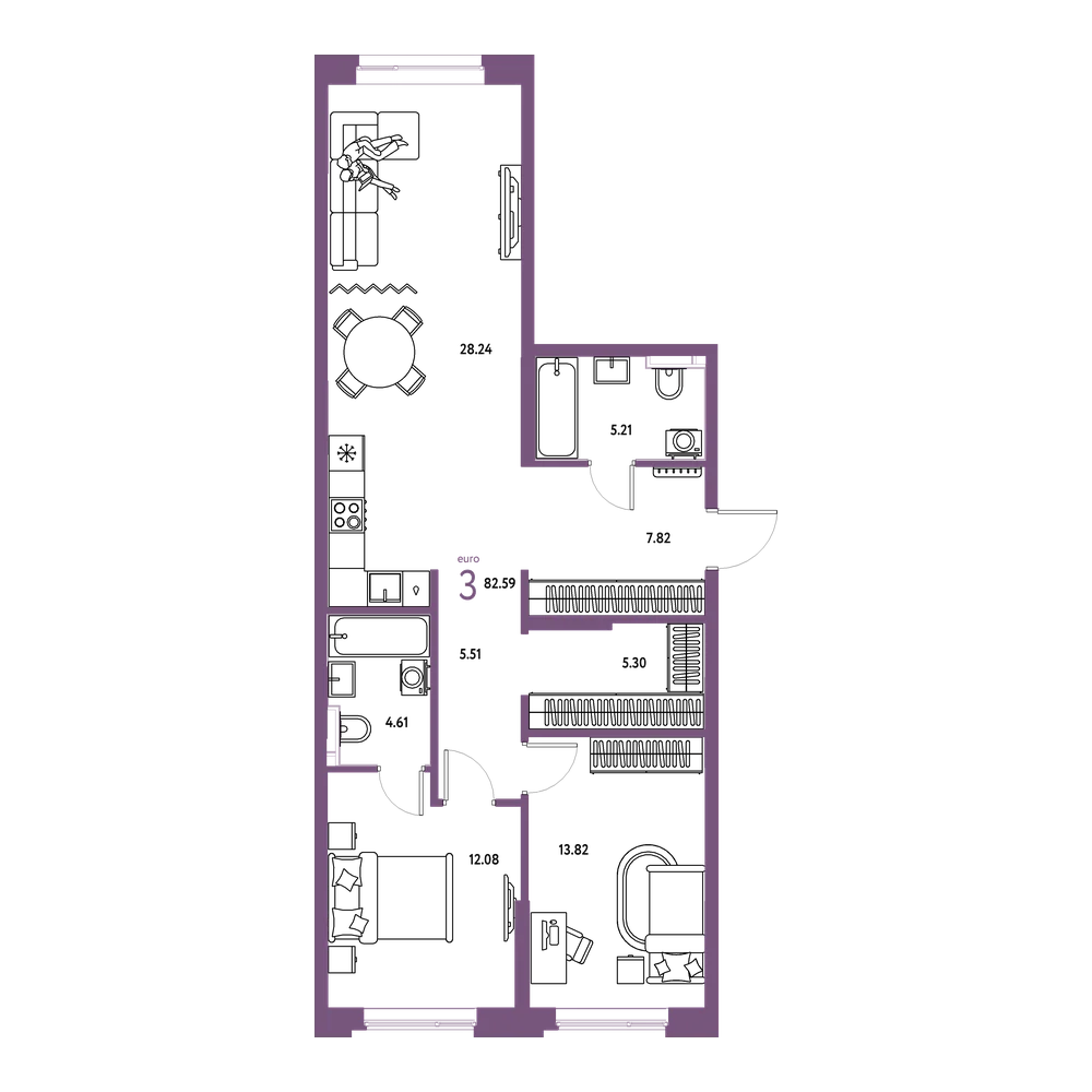 Планировка: Евротрёшка 82,61 м²
