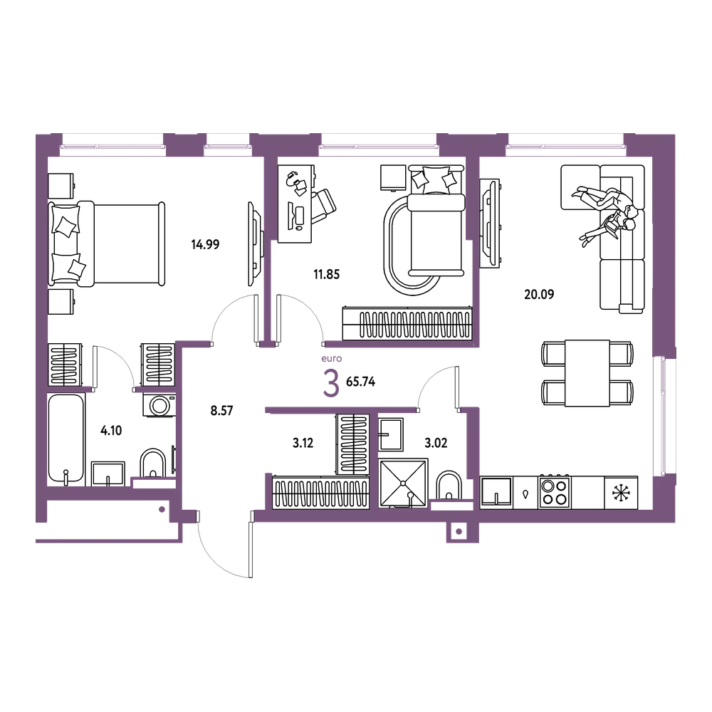 Планировка: Евротрёшка 65,74 м²
