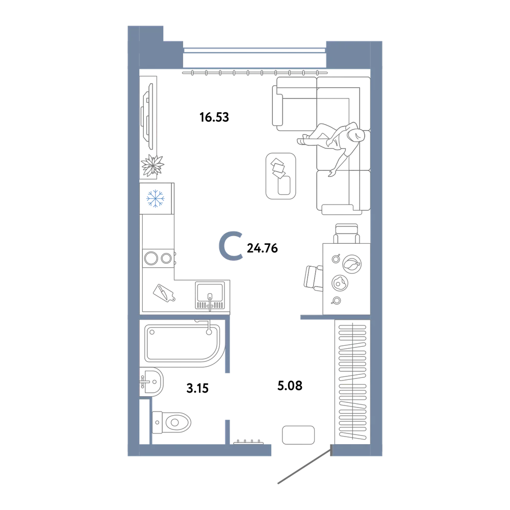 Планировка: Студия 24,76 м²