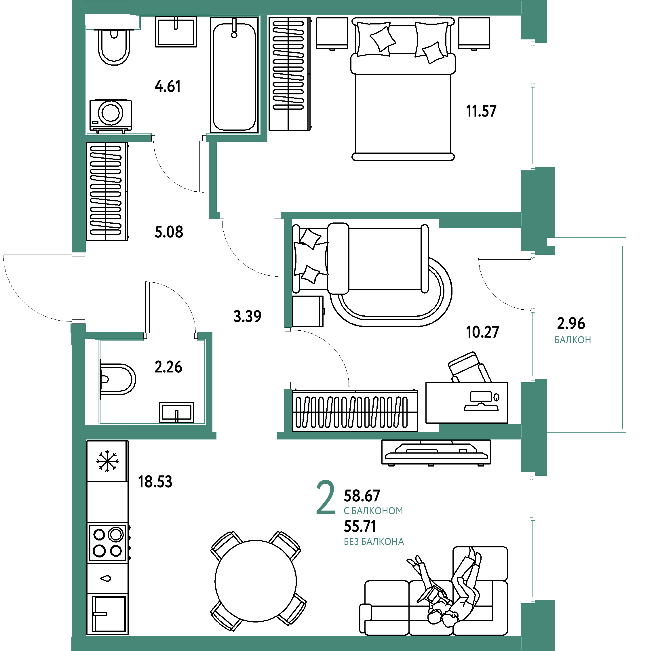Планировка: 2-комнатная 58,39 м² в ЖК «Домашний»