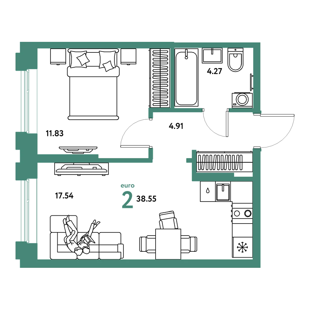 Планировка: Евродвушка 38,55 м²