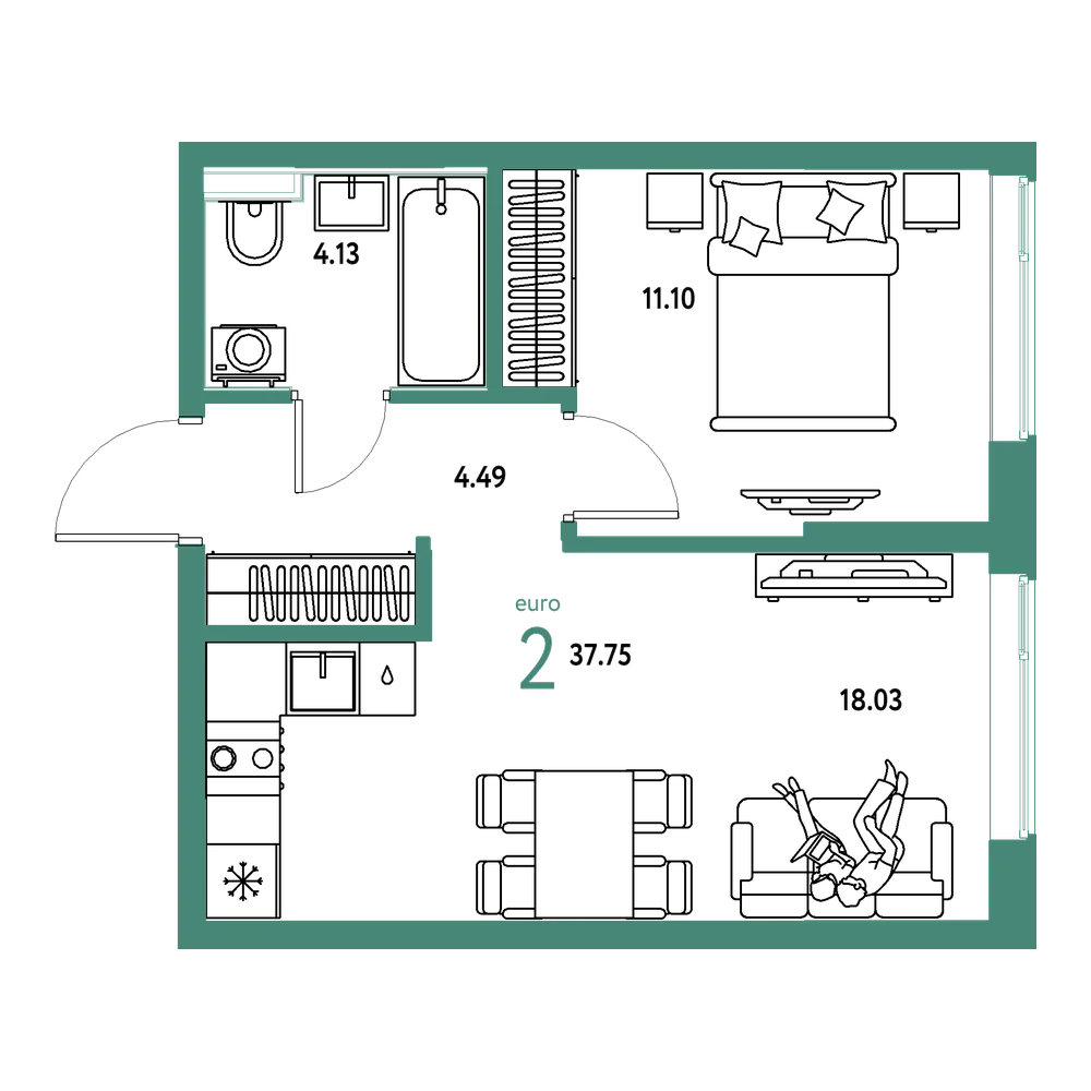 Планировка: Евродвушка 37,75 м²