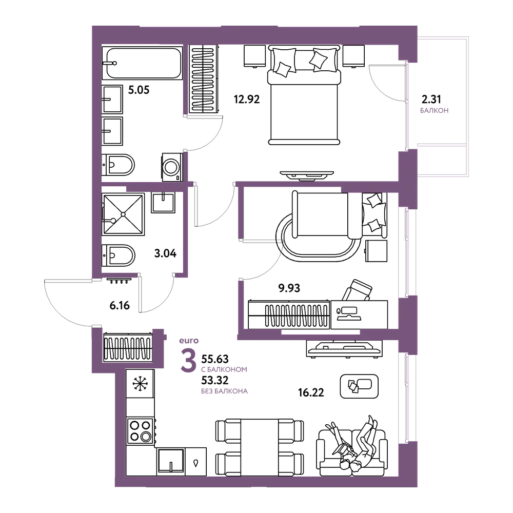 Планировка: Евротрёшка 55,63 м²