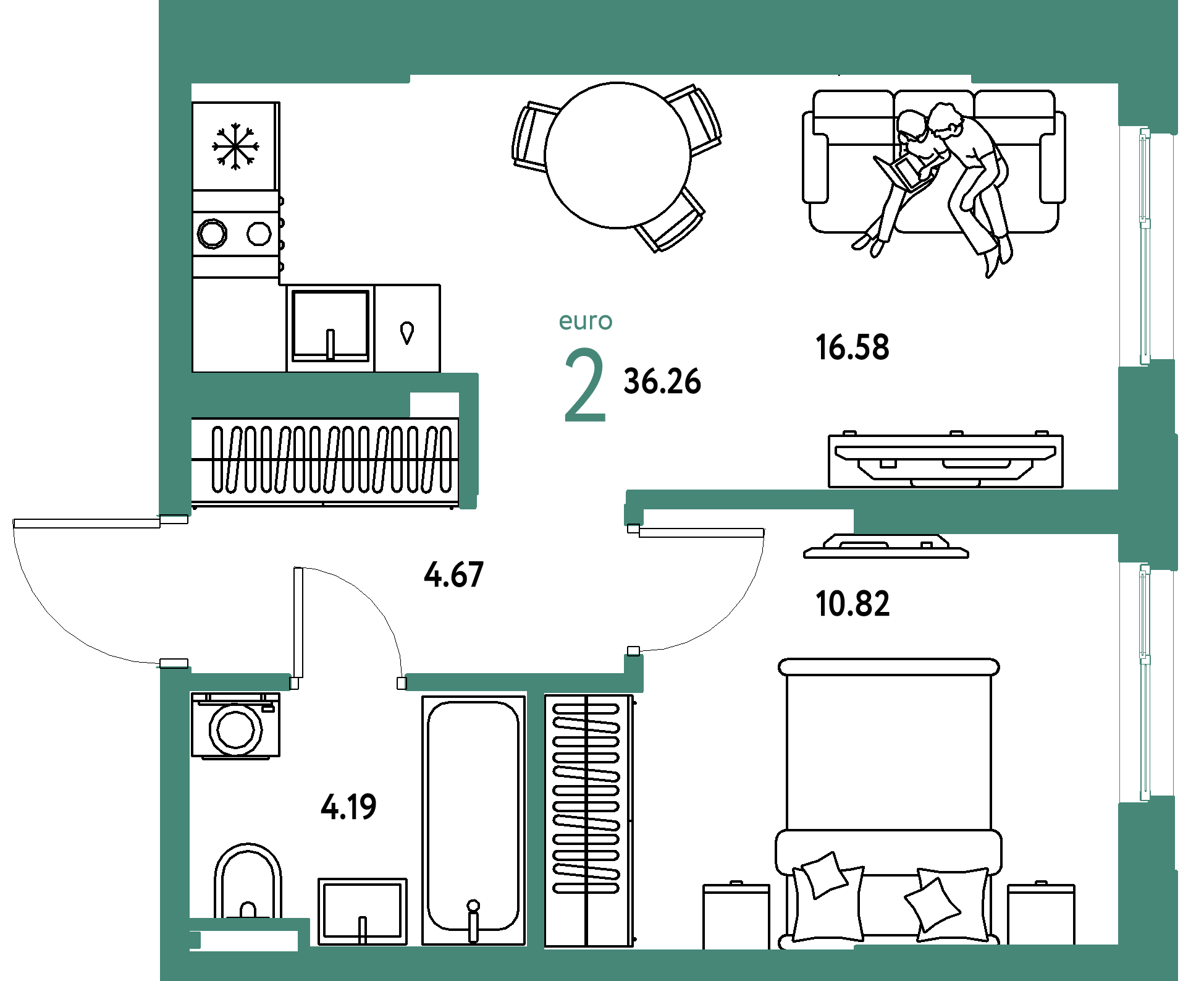 Планировка: Евродвушка 36,26 м² в ЖК «Остров-сад»