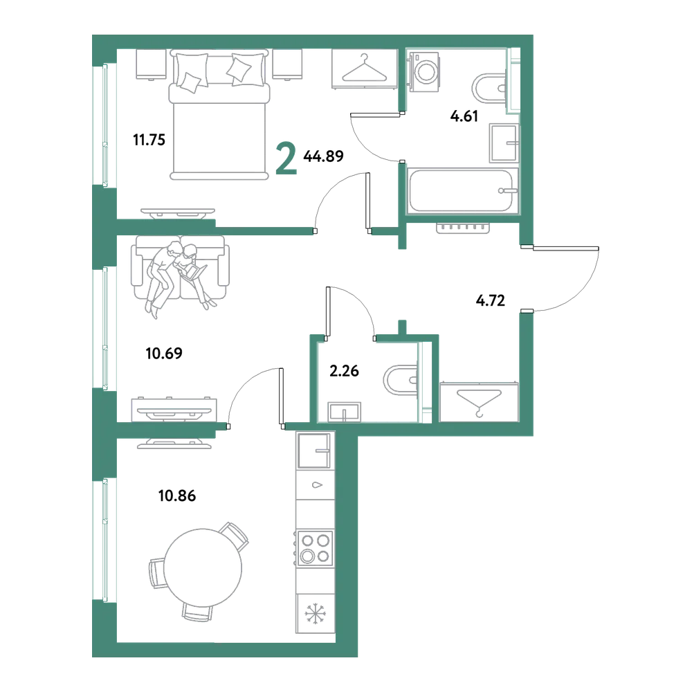 Планировка: 2-комнатная 44,89 м²