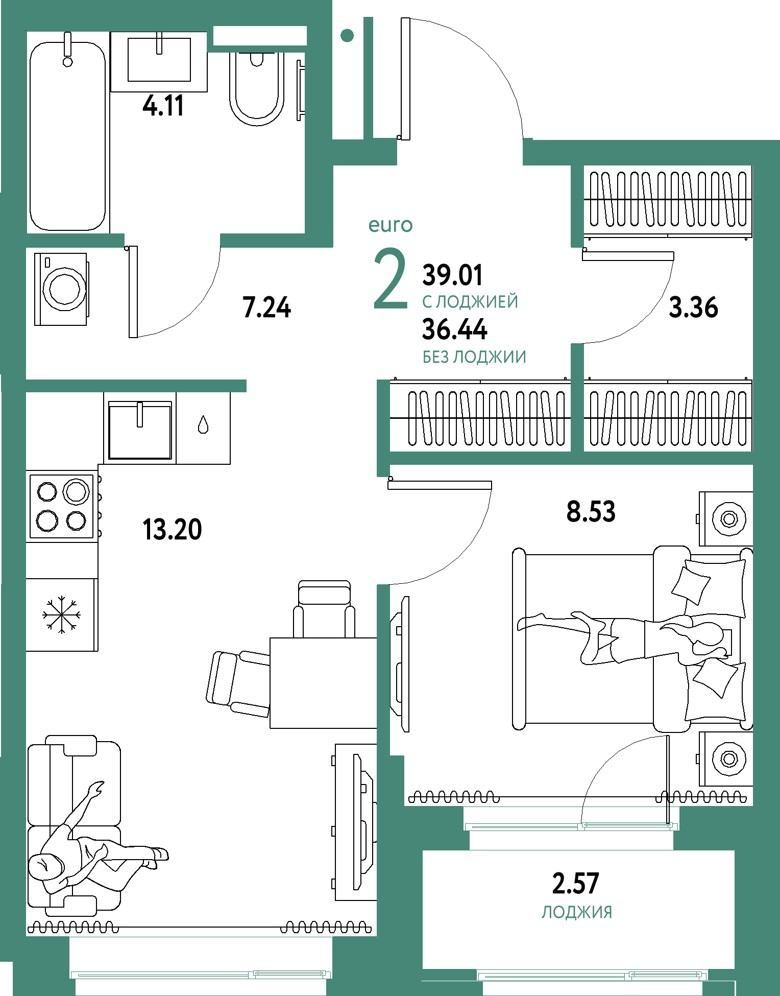 Планировка: Евродвушка 39,01 м² в ЖК «Домашний»