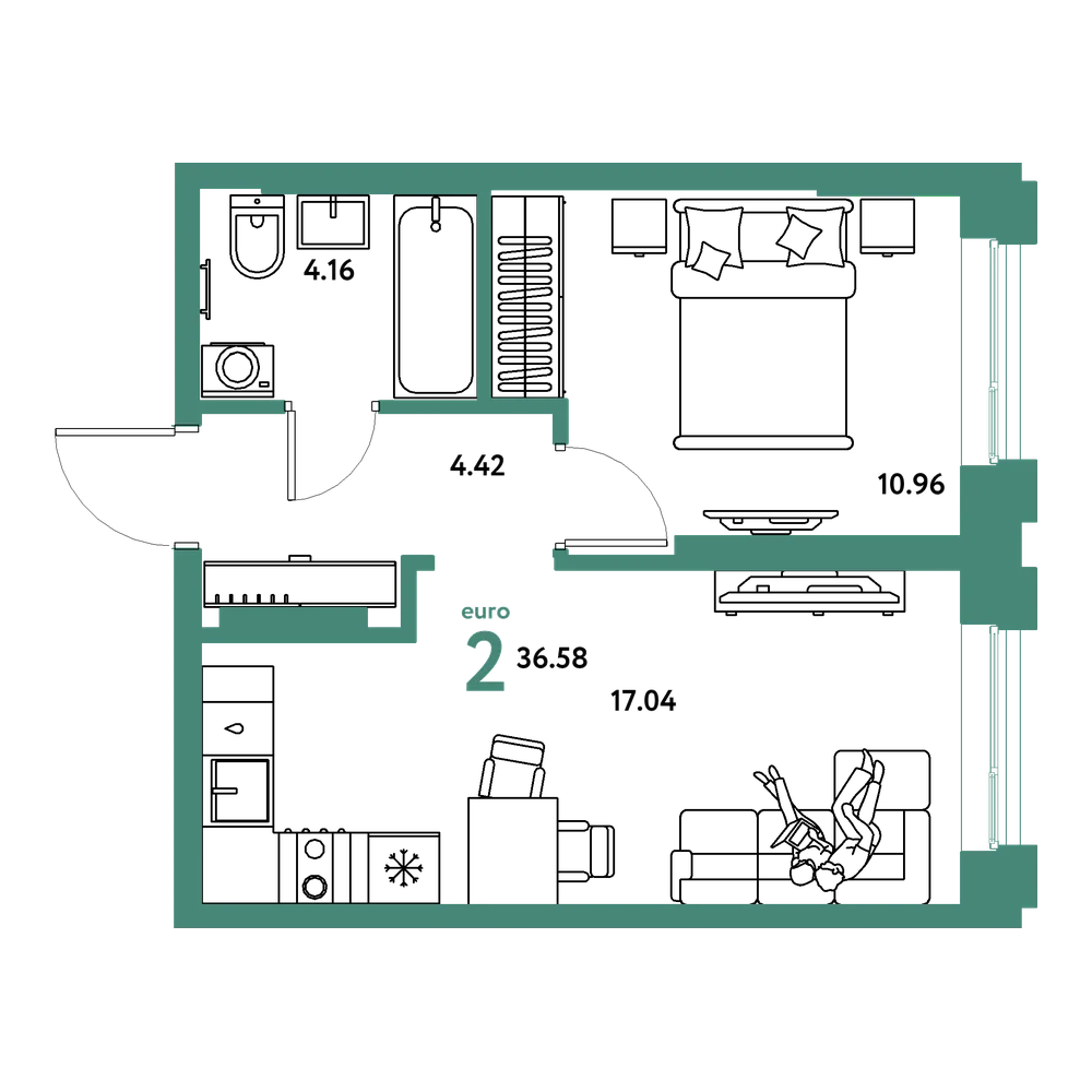 Планировка: Евродвушка 36,58 м²