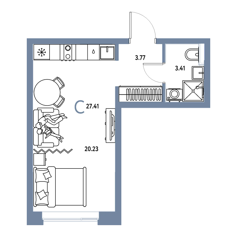 Планировка: Студия 27,41 м²