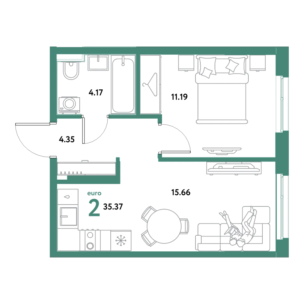 Планировка: Евродвушка 35,37 м²