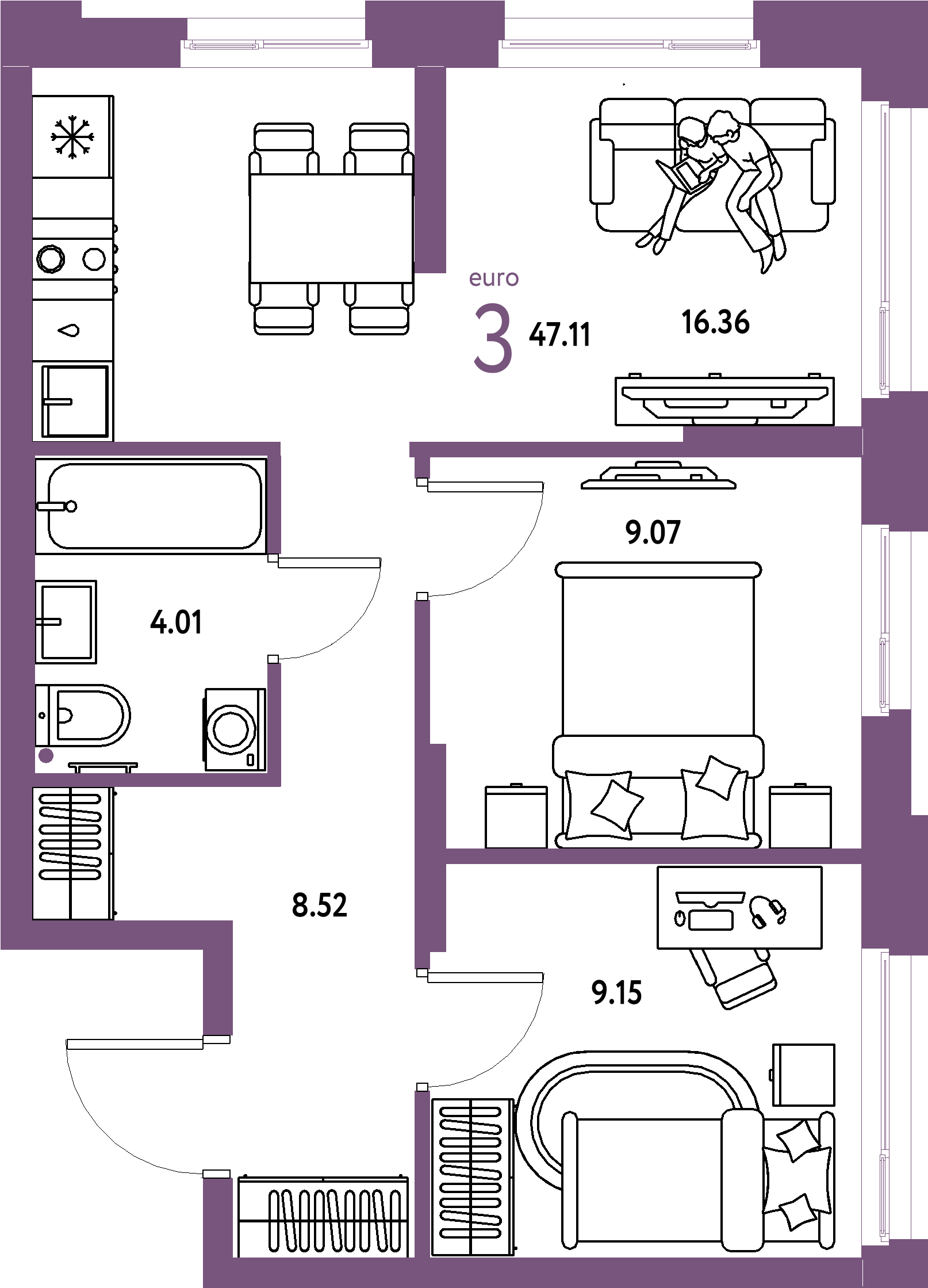 Планировка: Евротрёшка 47,11 м² в ЖК «Домашний»
