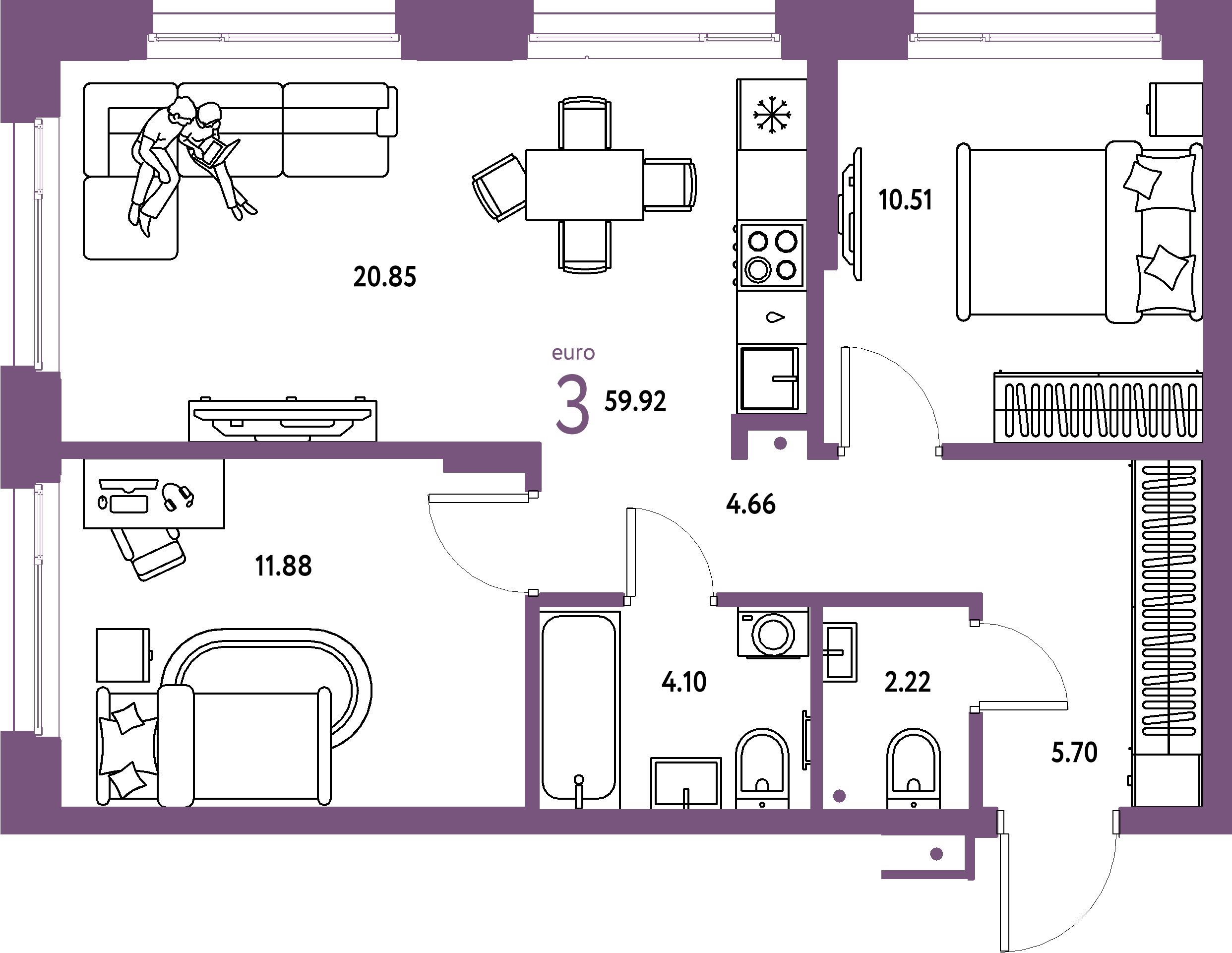 Планировка: Евротрёшка 59,92 м² в ЖК «Домашний»