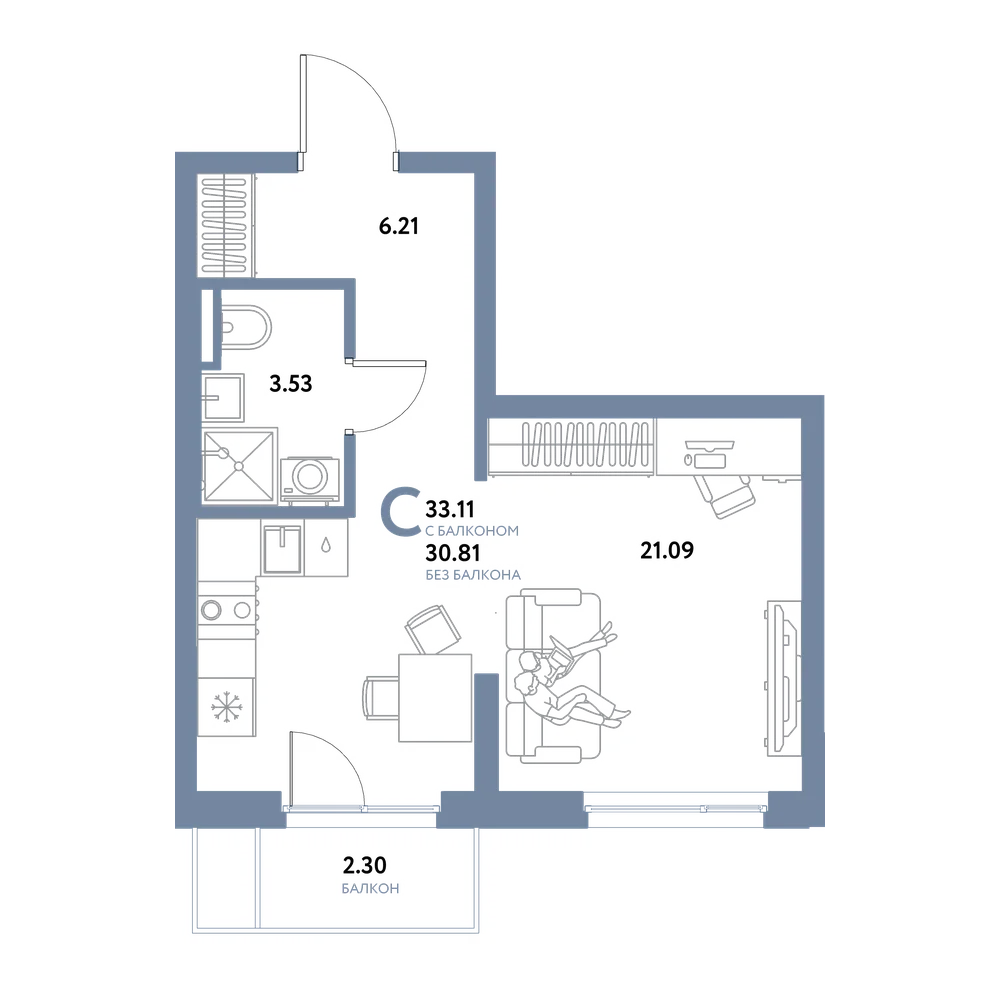 Планировка: Студия 33,11 м²