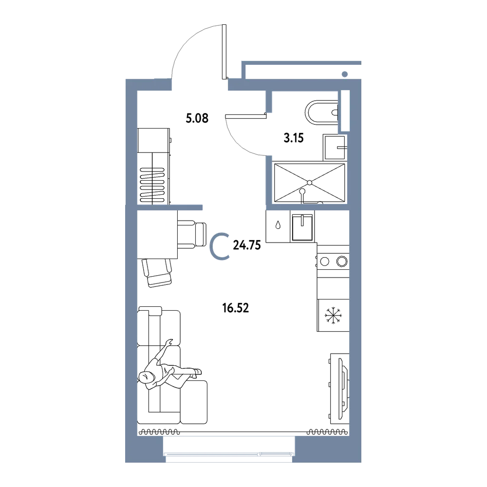 Планировка: Студия 24,75 м²