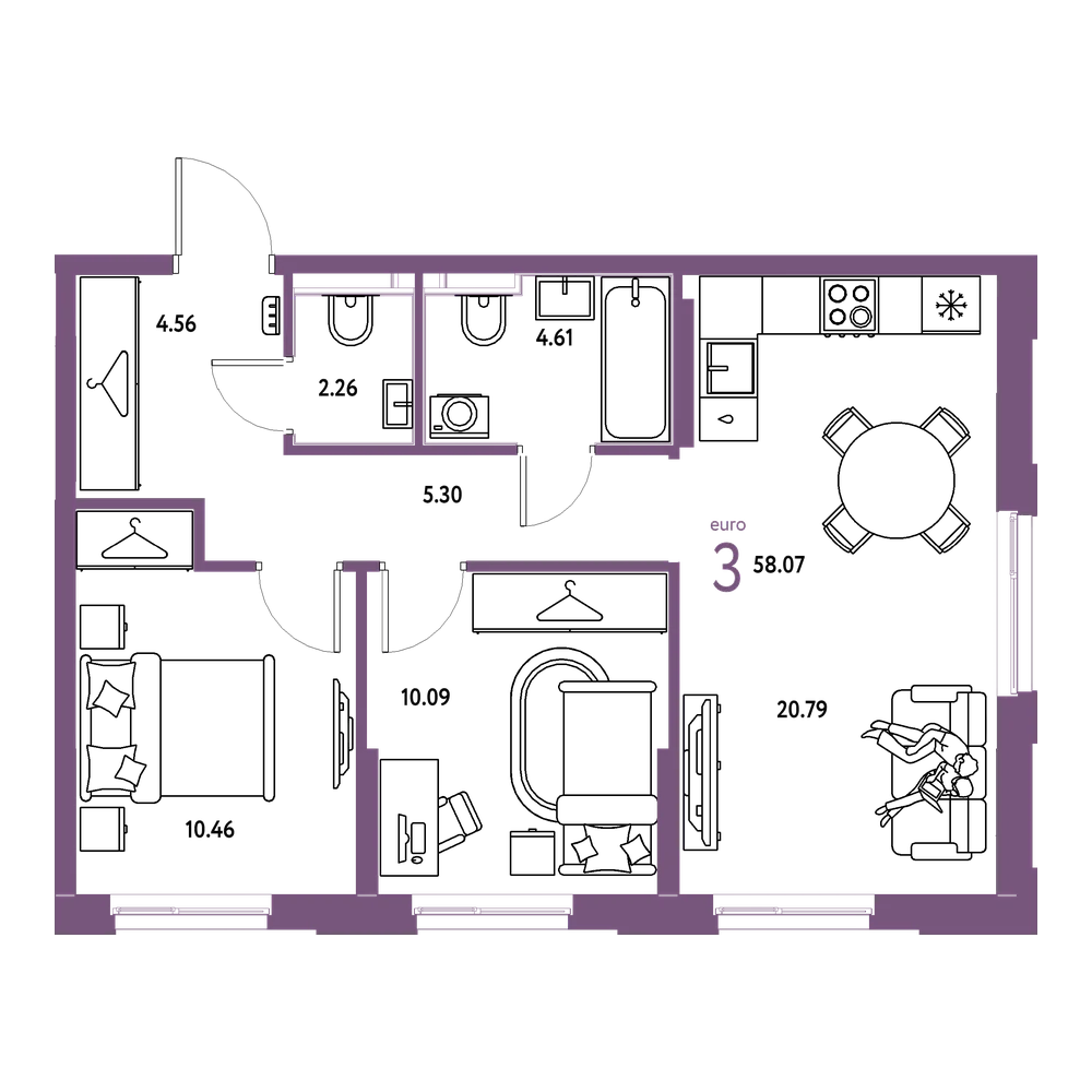 Планировка: Евротрёшка 58,07 м²